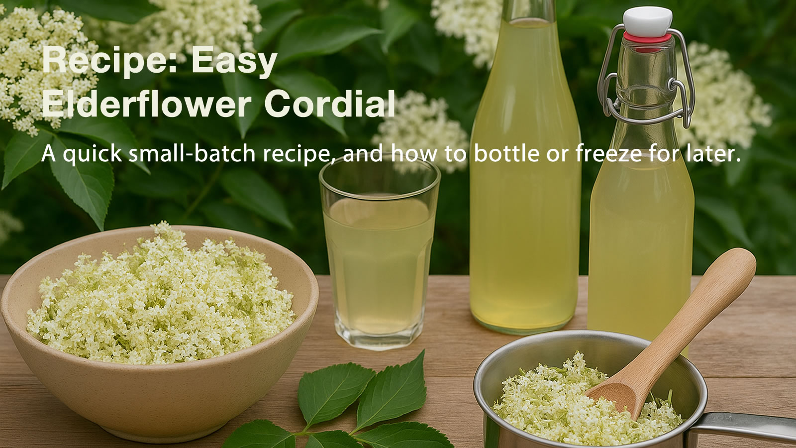 Fresh elderflower heads, lemons, and a bottle of homemade elderflower cordial