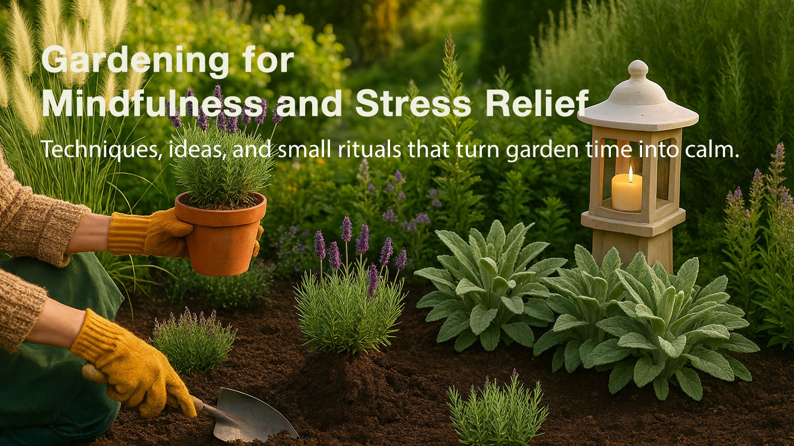 Gardener enjoying peaceful moment surrounded by herbs and flowers