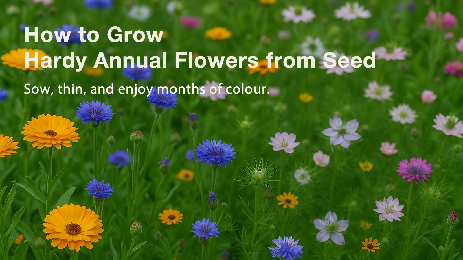Hardy annuals such as Nigella, Calendula and Cornflowers blooming in a UK border