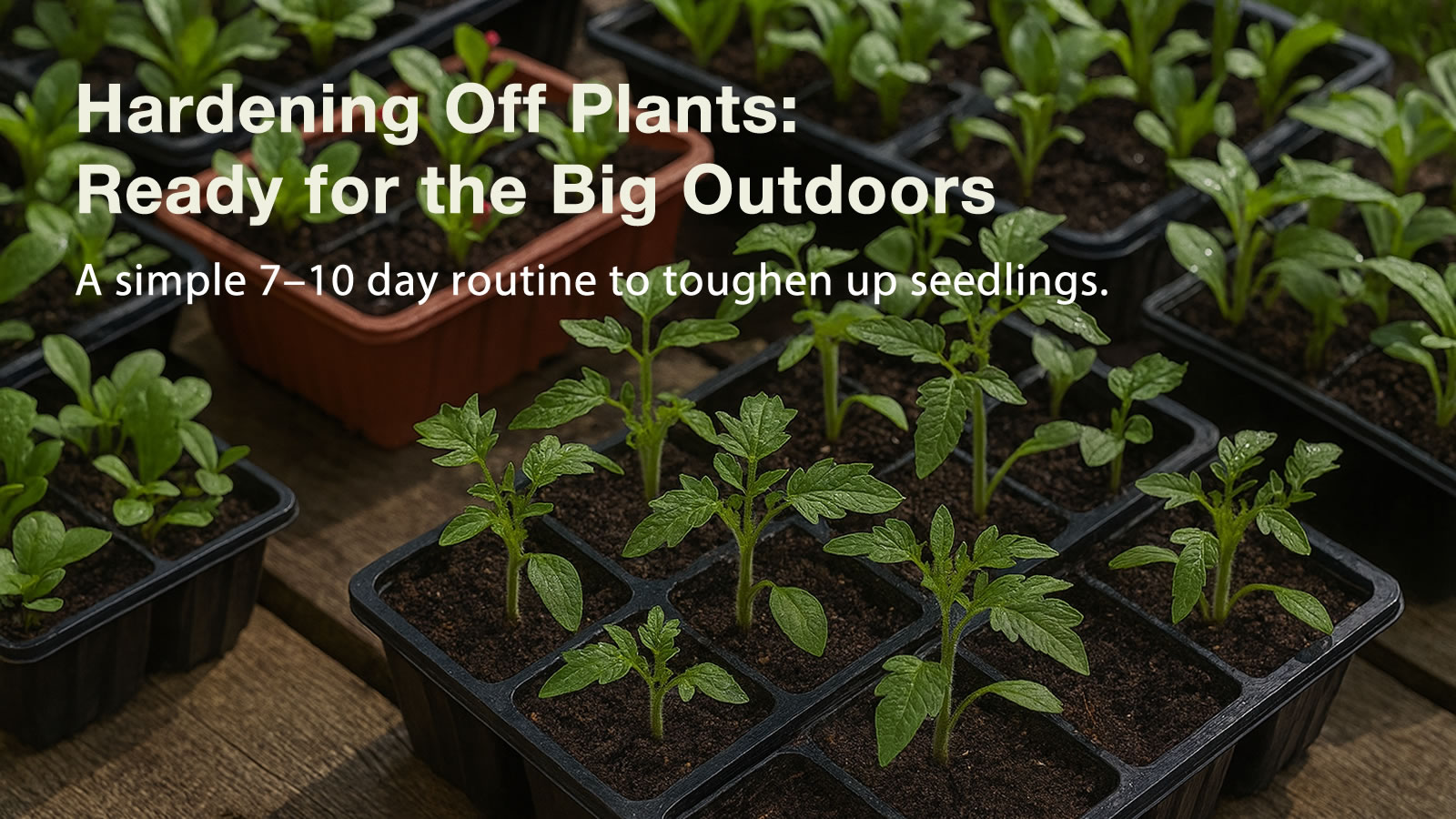 Trays of seedlings outside in bright shade during hardening off, fleece ready nearby