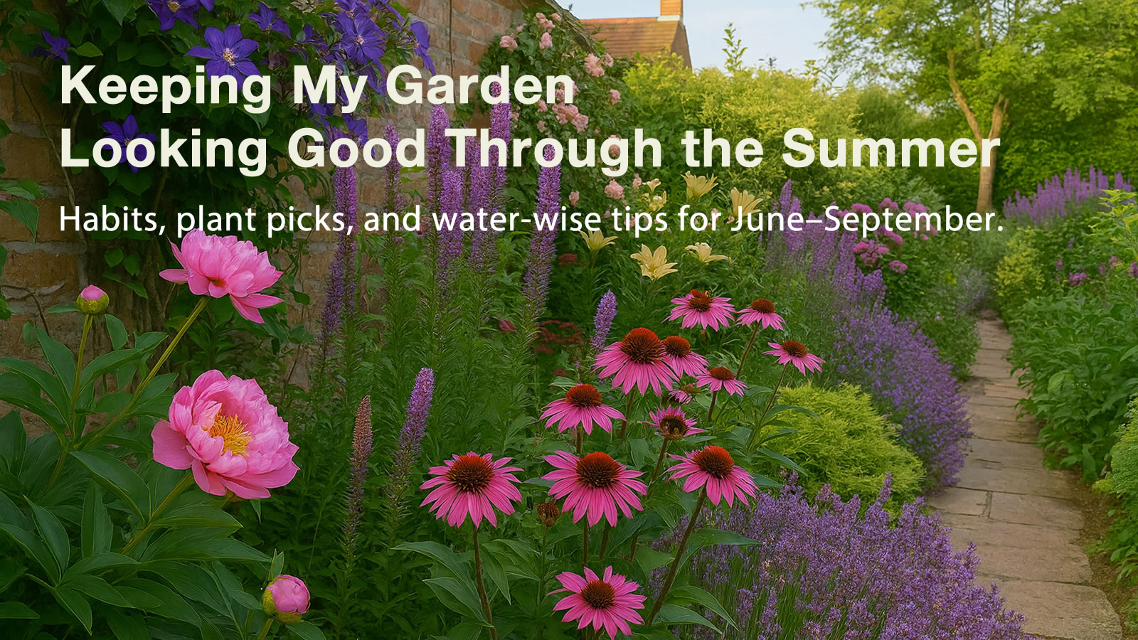 Small UK garden in midsummer with perennials, grasses and pots