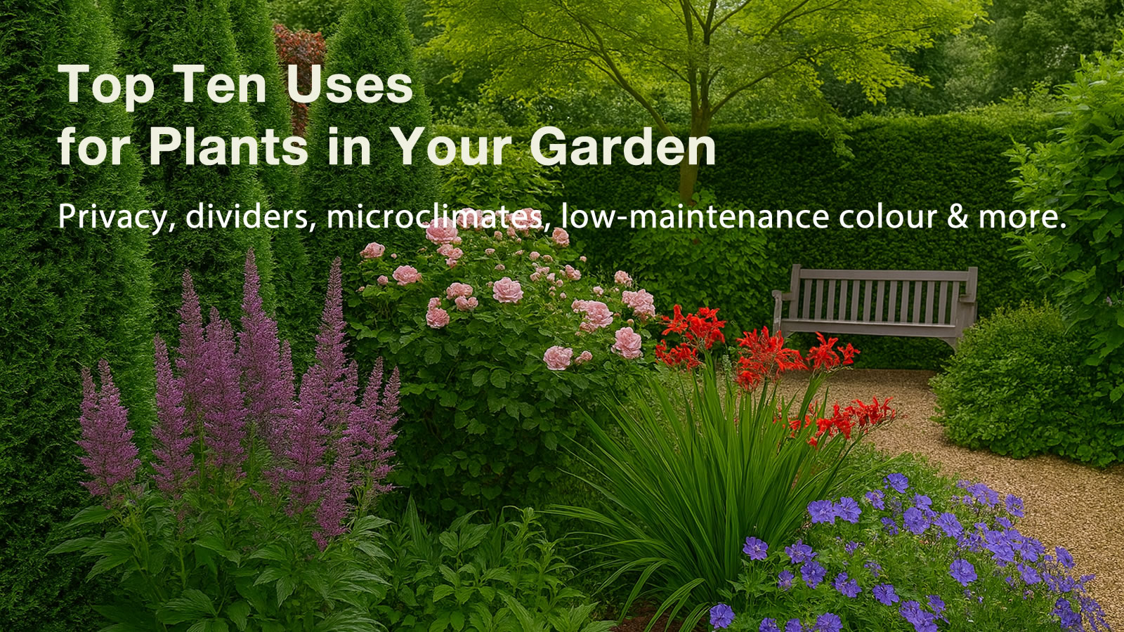Mixed planting showing hedging, climbers, perennials and pots